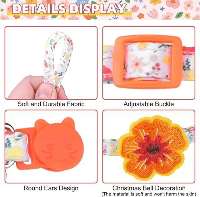 Alt view image 5 of 7 - Summer Cat Collar Breakaway with Bells and Bowtie, 2 Pack Cute Leather Cat Bandana Collar with Safety Buckle Adjustable Size for Small Kitten Boys Girls, White+Orange Flower