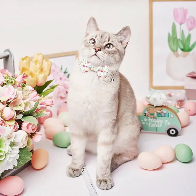 Alt view image 6 of 7 - Summer Cat Collar Breakaway with Bells and Bowtie, 2 Pack Cute Leather Cat Bandana Collar with Safety Buckle Adjustable Size for Small Kitten Boys Girls, White+Orange Flower