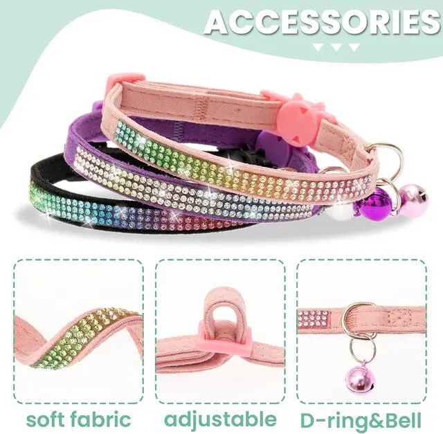 Alt view image 3 of 7 - Breakaway Cat Collar with Bells, 3 Pack Rhinestone Pet Collars | Adjustable Bling Cute Adjustable Collars Pet Accessories for Girl & Boy Cats, Kitten, Puppy