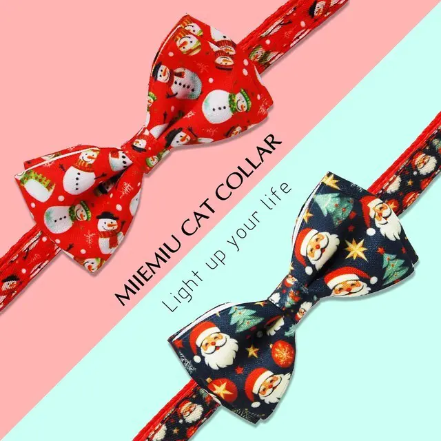Alt view image 2 of 7 - Mieemiu 2 Pack Christmas Cat Collar with Bow Tie, Adjustable Breakaway Collar with Bell for Cats and Kittens, Santa Claus and Red Snowman Holiday Design