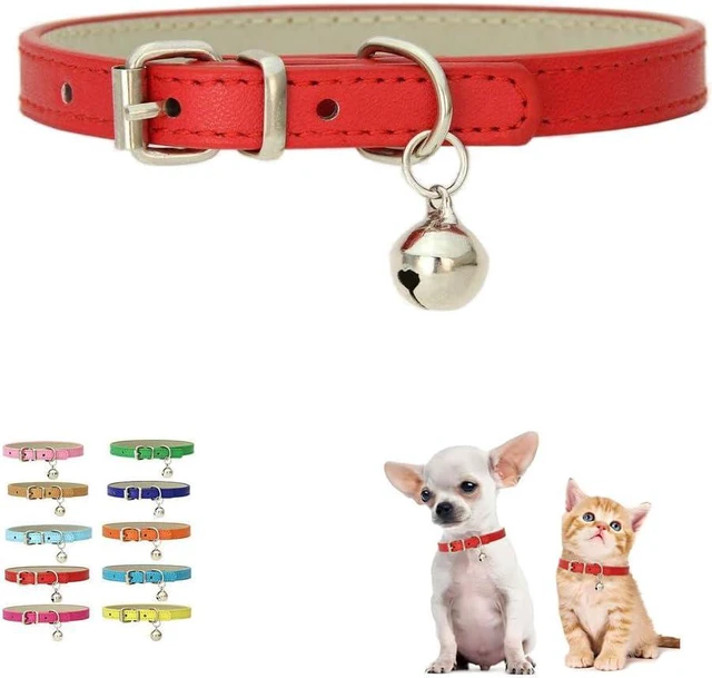 Main image of Red Puppy Dog Collar with Bell, Bell Collar for Cats Kitten XXS Dog Collar | Adjustable XXS XS size bell collar, faux leather PU collar tiny male female puppies kittens,litter small animal for boy gir