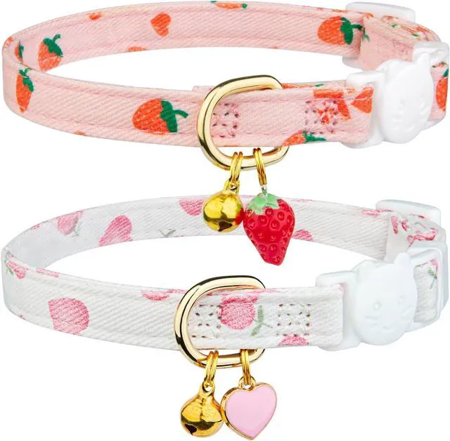 Main image of 2 Pack Cotton Cat Collar Pink Strawberrie White Heart Cute Kitten Collar | Breakaway Breathable Soft material With cute pendants with Bell