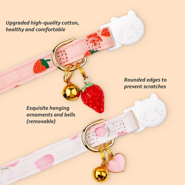 Alt view image 2 of 7 - 2 Pack Cotton Cat Collar Pink Strawberrie White Heart Cute Kitten Collar | Breakaway Breathable Soft material With cute pendants with Bell