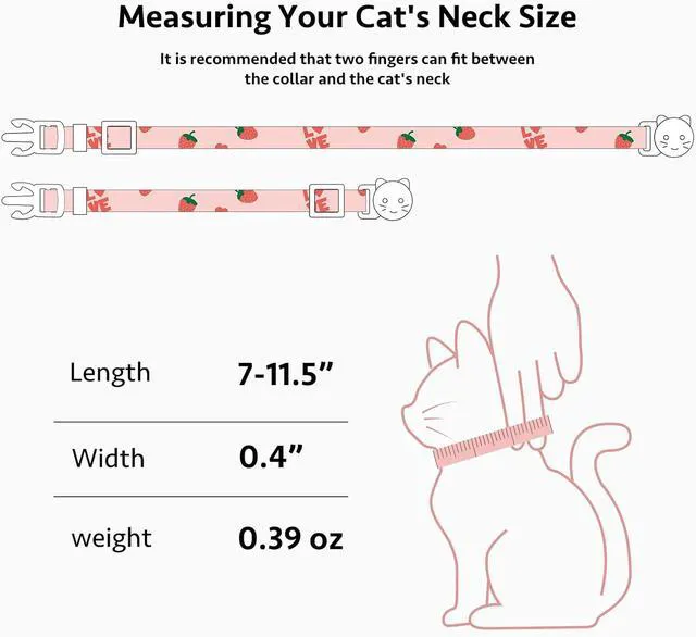 Alt view image 3 of 7 - 2 Pack Cotton Cat Collar Pink Strawberrie White Heart Cute Kitten Collar | Breakaway Breathable Soft material With cute pendants with Bell