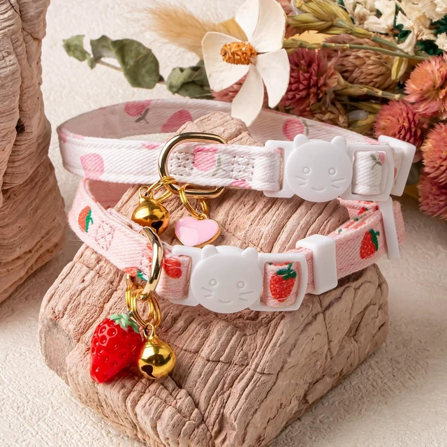 Alt view image 5 of 7 - 2 Pack Cotton Cat Collar Pink Strawberrie White Heart Cute Kitten Collar | Breakaway Breathable Soft material With cute pendants with Bell