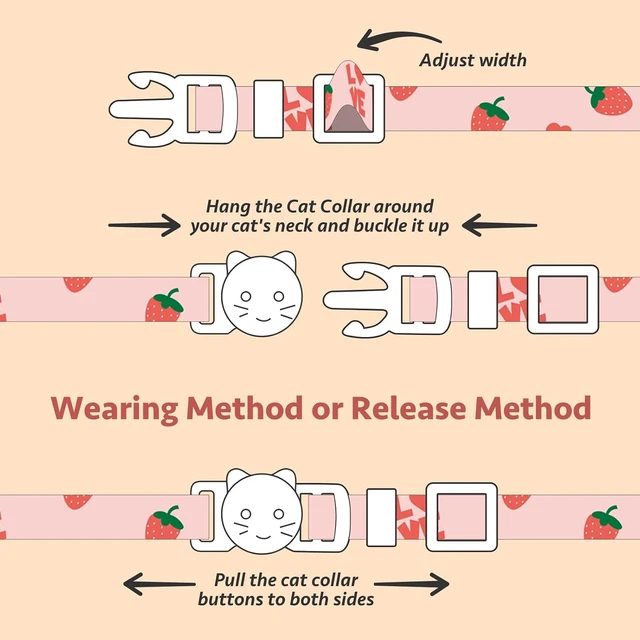 Alt view image 7 of 7 - 2 Pack Cotton Cat Collar Pink Strawberrie White Heart Cute Kitten Collar | Breakaway Breathable Soft material With cute pendants with Bell