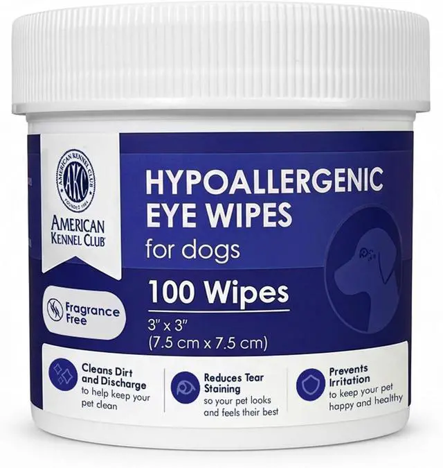 Main image of AKC Eye Wipes for Dogs & Cats, Unscented, 100 Count | Hypoallergenic grooming wipes help clean tear stains and eye discharge from dogs and cats.