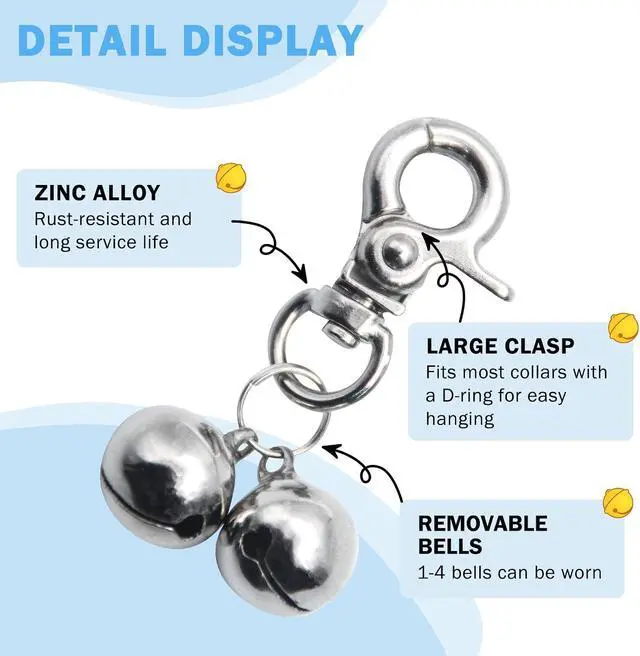 Alt view image 2 of 7 - Bells for Dog Collars - 2 Pack Pet Hanging Ring Bell Accessories for Dog & Cat, Pet Pendant Collar Charm with Heavy Duty Snap Clips