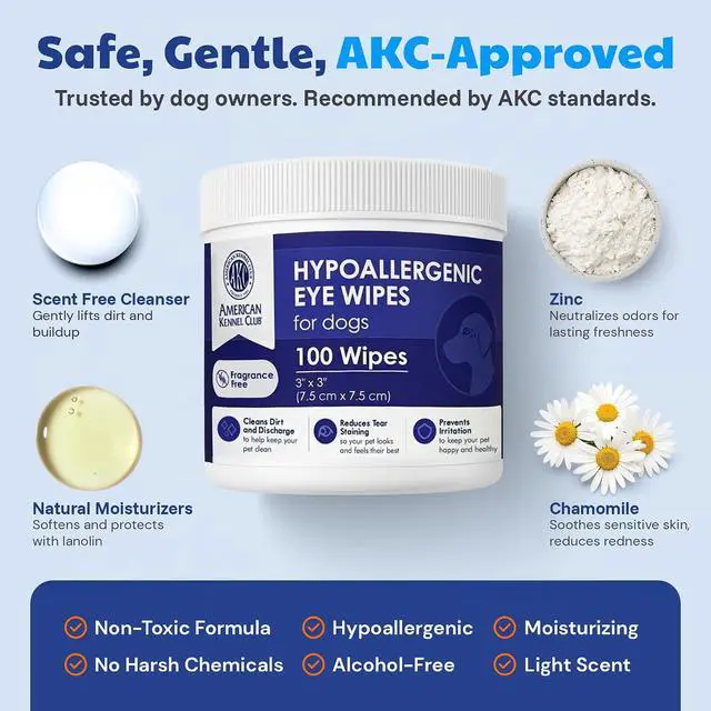 Alt view image 5 of 6 - AKC Eye Wipes for Dogs & Cats, Unscented, 100 Count | Hypoallergenic grooming wipes help clean tear stains and eye discharge from dogs and cats.