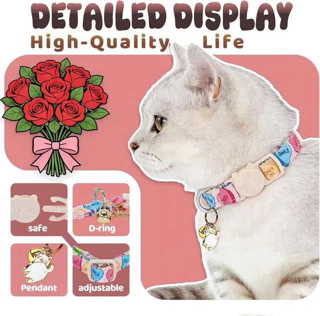 Alt view image 2 of 6 - 2 Pack Valentine's Day Cat Collar - Colorful Heart Cotton Cute Cat Collar with Bell & Pendant Soft Adjustable Pet Collars with Safety Buckle for Girl and Boy Pets Party