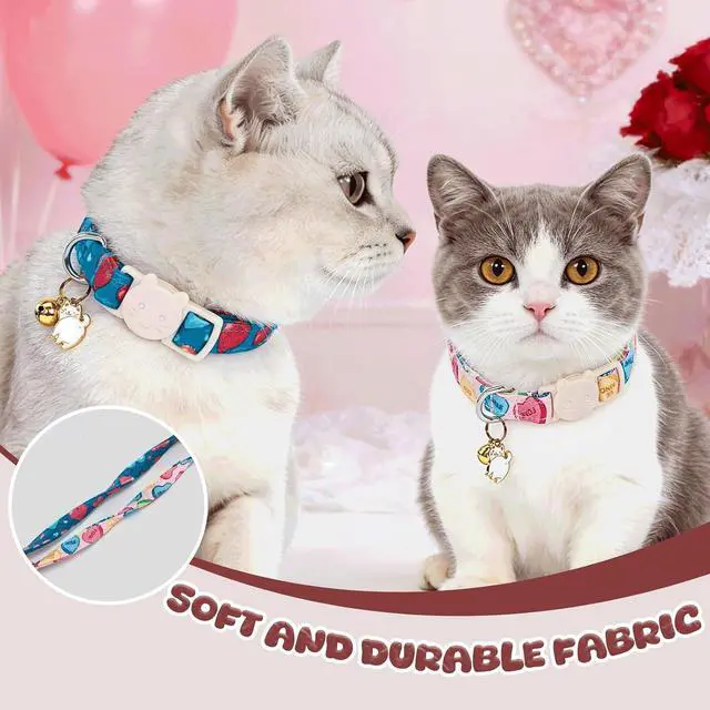 Alt view image 3 of 6 - 2 Pack Valentine's Day Cat Collar - Colorful Heart Cotton Cute Cat Collar with Bell & Pendant Soft Adjustable Pet Collars with Safety Buckle for Girl and Boy Pets Party