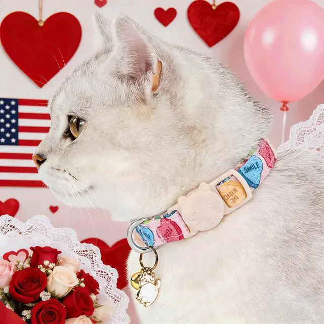 Alt view image 5 of 6 - 2 Pack Valentine's Day Cat Collar - Colorful Heart Cotton Cute Cat Collar with Bell & Pendant Soft Adjustable Pet Collars with Safety Buckle for Girl and Boy Pets Party