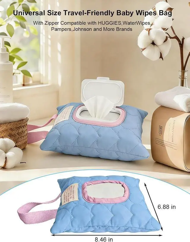 Alt view image 2 of 7 - Reusable Baby Wipe Cover Fabric Quilted, Universal Size Travel-Friendly Baby Wipes Bag with Zipper Compatible with HUGGIES,WaterWipes,Pampers,Johnson and More Brands (Blue)