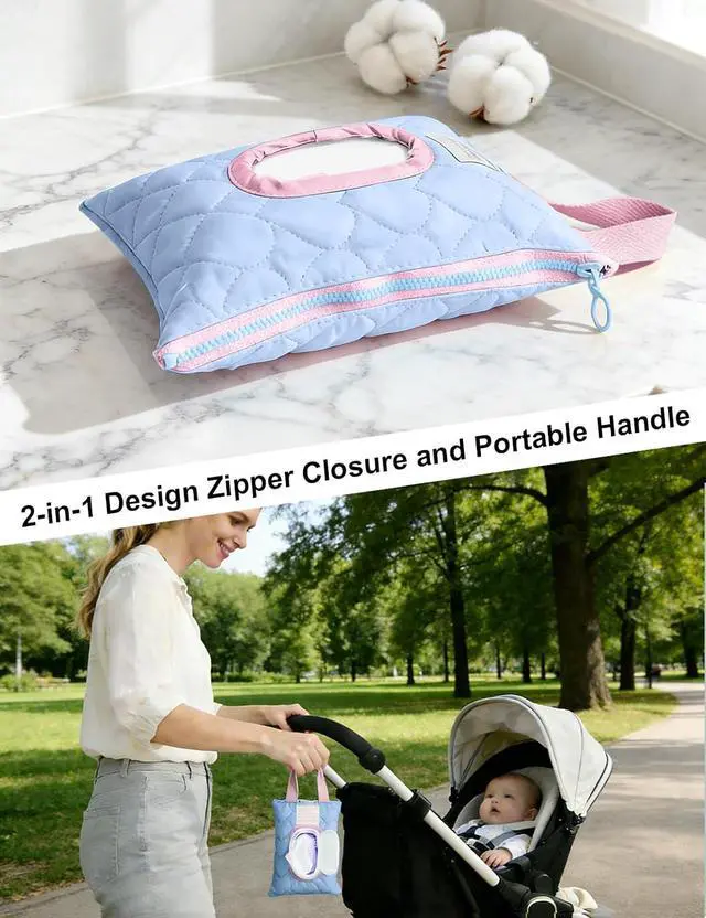 Alt view image 3 of 7 - Reusable Baby Wipe Cover Fabric Quilted, Universal Size Travel-Friendly Baby Wipes Bag with Zipper Compatible with HUGGIES,WaterWipes,Pampers,Johnson and More Brands (Blue)