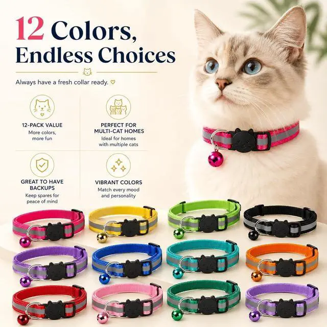 Alt view image 2 of 7 - 12-Pack Reflective Cat Collar Breakaway with Safety Elastic Band - Adjustable 7.5-12.5 Inch Lightweight Collar with Bell for Cats and Kittens