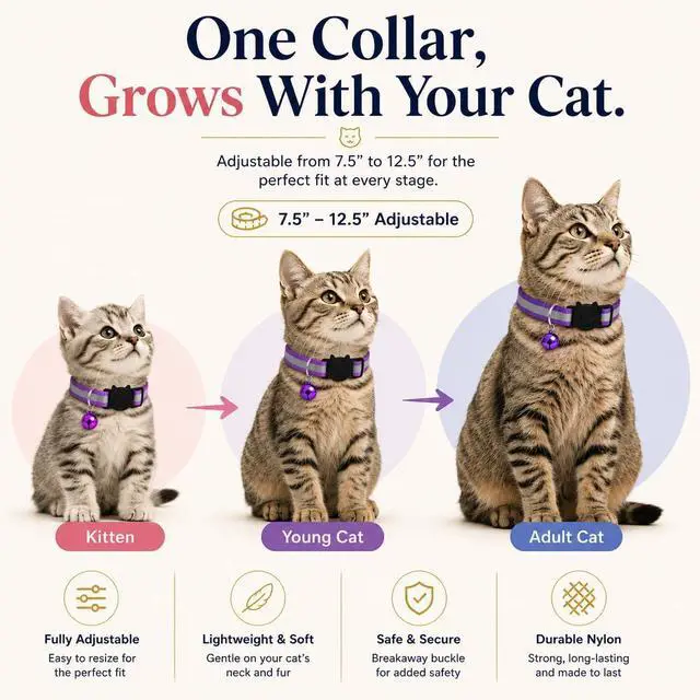 Alt view image 6 of 7 - 12-Pack Reflective Cat Collar Breakaway with Safety Elastic Band - Adjustable 7.5-12.5 Inch Lightweight Collar with Bell for Cats and Kittens