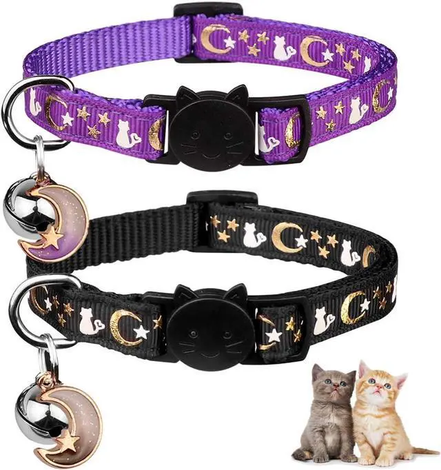 Main image of 2PCS Breakaway Cat Collars with Bell Moons Stars Cute Kitty Adjustable Safe Kitten Collars with Pendant Glow in The Dark(Black&Purple)
