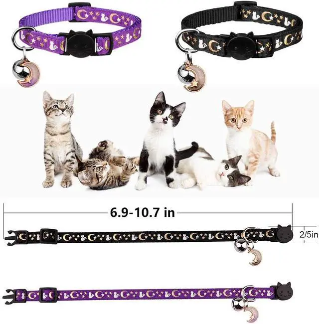 Alt view image 6 of 7 - 2PCS Breakaway Cat Collars with Bell Moons Stars Cute Kitty Adjustable Safe Kitten Collars with Pendant Glow in The Dark(Black&Purple)