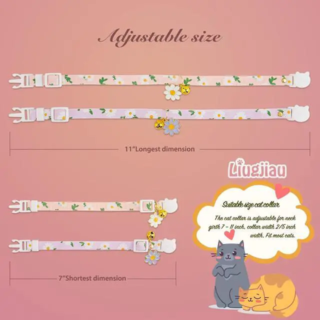 Alt view image 2 of 7 - 2 Pack Cotton Breakaway Cat Collar with Bell Pink&Purple Flowers Pendant Cute Kitten Cat Collar Suitable for Girls and Boys