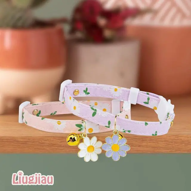 Alt view image 3 of 7 - 2 Pack Cotton Breakaway Cat Collar with Bell Pink&Purple Flowers Pendant Cute Kitten Cat Collar Suitable for Girls and Boys
