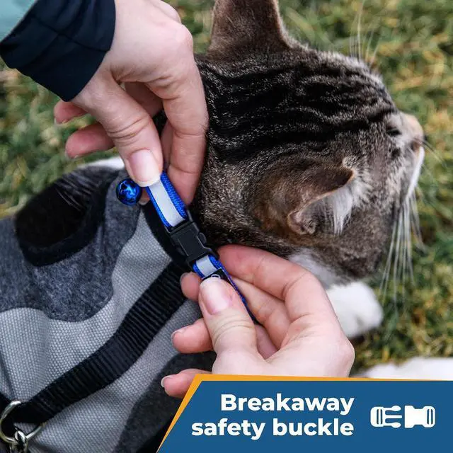Alt view image 3 of 7 - Personalized Reflective Cat Collars, Engraved Custom Cat Collar | Name and Phone Identification, Breakaway Collar with Safety Release Buckle and Bell, Adjustable for Cats and Kitten, (Blue)