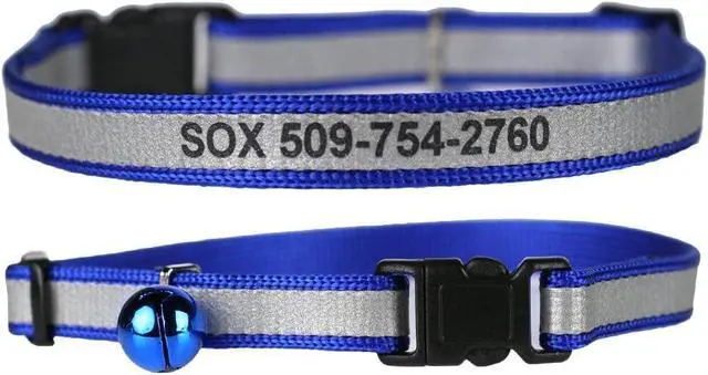 Alt view image 5 of 7 - Personalized Reflective Cat Collars, Engraved Custom Cat Collar | Name and Phone Identification, Breakaway Collar with Safety Release Buckle and Bell, Adjustable for Cats and Kitten, (Blue)