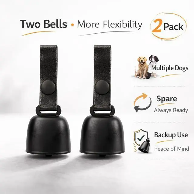 Alt view image 4 of 7 - All-Black Dog Bell Set with Genuine Leather Strap, Matte Black Loud Jingle Bell, High-End Stylish Design, Quick Clip, Fits Most Dog Collars, Includes 2 Bells & 2 Pet ID Trackers