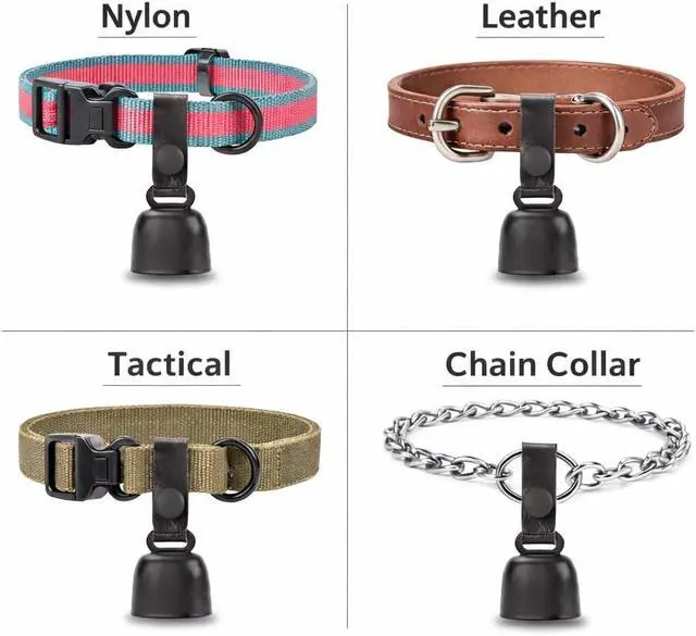 Alt view image 5 of 7 - All-Black Dog Bell Set with Genuine Leather Strap, Matte Black Loud Jingle Bell, High-End Stylish Design, Quick Clip, Fits Most Dog Collars, Includes 2 Bells & 2 Pet ID Trackers
