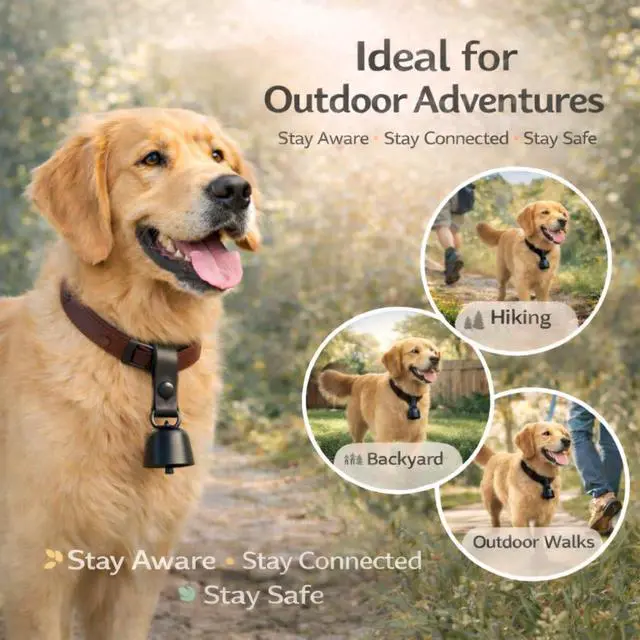 Alt view image 6 of 7 - All-Black Dog Bell Set with Genuine Leather Strap, Matte Black Loud Jingle Bell, High-End Stylish Design, Quick Clip, Fits Most Dog Collars, Includes 2 Bells & 2 Pet ID Trackers