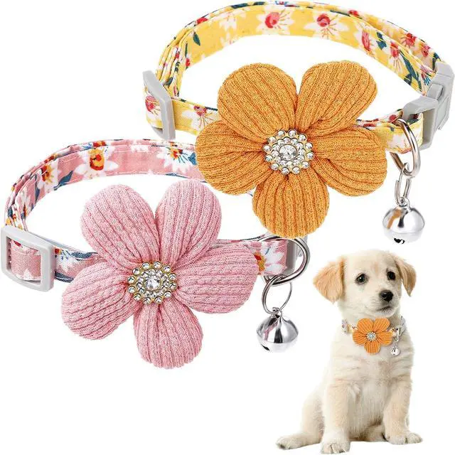 Main image of 2Pcs Small Dog Collar with Flower Puppy Collar for Girl Dog Collars for Small Dogs Cute Unique Collars with Bell Distinctive Patterns Adjustable Length (Pink Yellow)