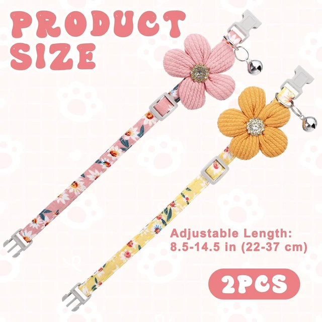 Alt view image 2 of 7 - 2Pcs Small Dog Collar with Flower Puppy Collar for Girl Dog Collars for Small Dogs Cute Unique Collars with Bell Distinctive Patterns Adjustable Length (Pink Yellow)