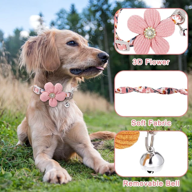 Alt view image 3 of 7 - 2Pcs Small Dog Collar with Flower Puppy Collar for Girl Dog Collars for Small Dogs Cute Unique Collars with Bell Distinctive Patterns Adjustable Length (Pink Yellow)