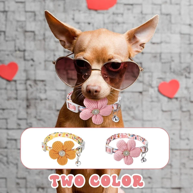 Alt view image 6 of 7 - 2Pcs Small Dog Collar with Flower Puppy Collar for Girl Dog Collars for Small Dogs Cute Unique Collars with Bell Distinctive Patterns Adjustable Length (Pink Yellow)