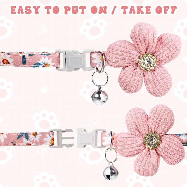 Alt view image 7 of 7 - 2Pcs Small Dog Collar with Flower Puppy Collar for Girl Dog Collars for Small Dogs Cute Unique Collars with Bell Distinctive Patterns Adjustable Length (Pink Yellow)
