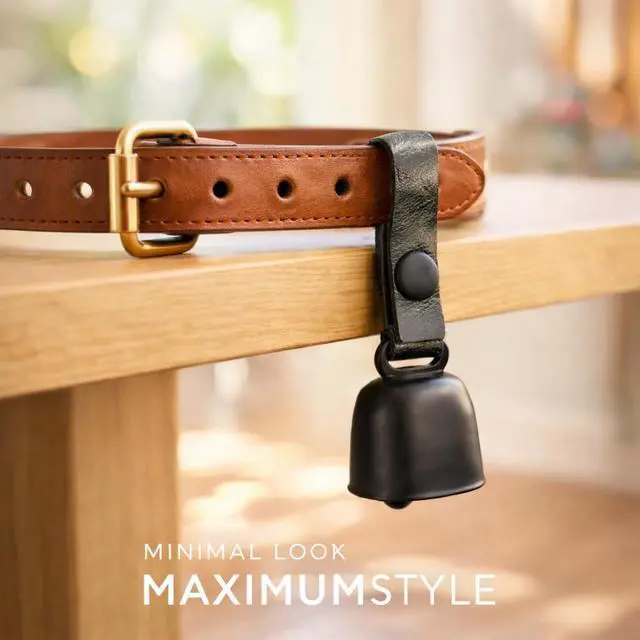 Alt view image 2 of 7 - All-Black Dog Bell Set with Genuine Leather Strap, Matte Black Loud Jingle Bell, High-End Stylish Design, Quick Clip, Fits Most Dog Collars, Includes 2 Bells & 2 Pet ID Trackers