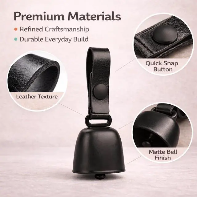 Alt view image 3 of 7 - All-Black Dog Bell Set with Genuine Leather Strap, Matte Black Loud Jingle Bell, High-End Stylish Design, Quick Clip, Fits Most Dog Collars, Includes 2 Bells & 2 Pet ID Trackers