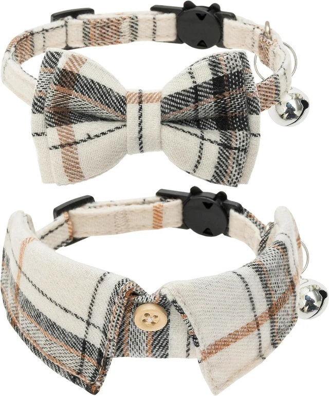 Main image of Breakaway Cat Collar with Bell, 2 Pack Bow Tie Plaid Cat Collars | Adjustable Cute Soft Pet Accessories for Kitten, Boy Girl Cats, Puppy