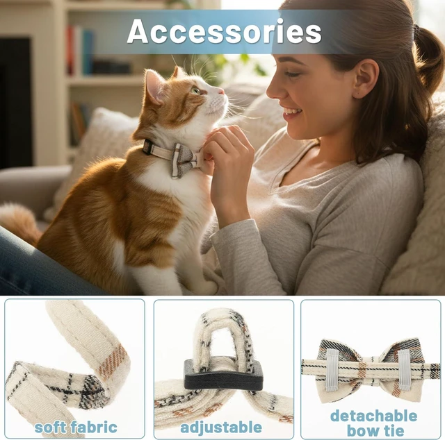 Alt view image 3 of 7 - Breakaway Cat Collar with Bell, 2 Pack Bow Tie Plaid Cat Collars | Adjustable Cute Soft Pet Accessories for Kitten, Boy Girl Cats, Puppy