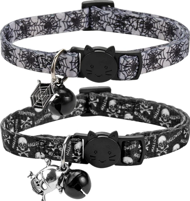 Main image of Cat Collar Halloween Set of 2, Skull Cat Collar for Small Dogs, Holiday Kitten Collar with Bell