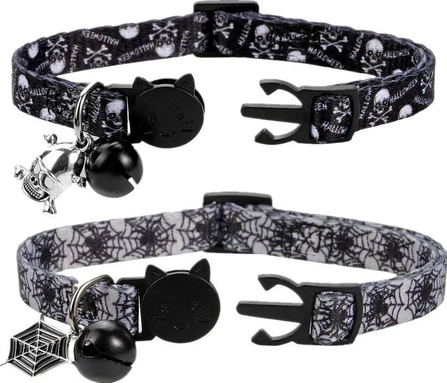 Alt view image 5 of 7 - Cat Collar Halloween Set of 2, Skull Cat Collar for Small Dogs, Holiday Kitten Collar with Bell