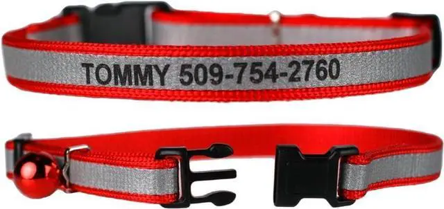 Alt view image 5 of 7 - Personalized Reflective Cat Collars, Engraved Custom Cat Collar | Name and Phone Identification, Breakaway Collar with Safety Release Buckle and Bell, Adjustable for Cats and Kitten, (Red)