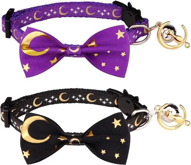 Main image of 2 PCS Breakaway Cat Collar with Bow Tie and Bell Golden Moon Glowing Star in The Dark for Kitten(Black&Purple)