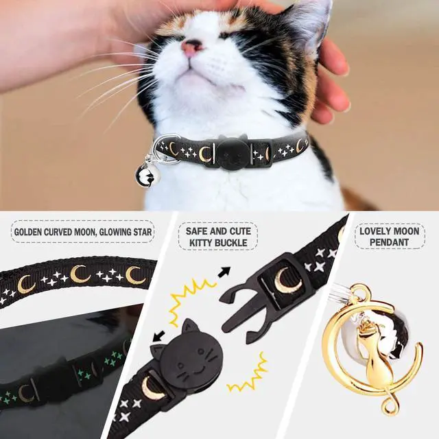 Alt view image 4 of 7 - 2 PCS Breakaway Cat Collar with Bow Tie and Bell Golden Moon Glowing Star in The Dark for Kitten(Black&Purple)