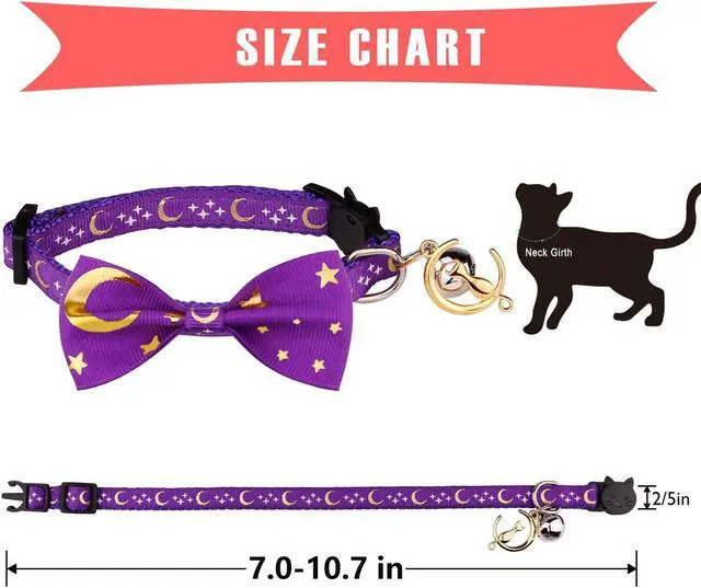 Alt view image 6 of 7 - 2 PCS Breakaway Cat Collar with Bow Tie and Bell Golden Moon Glowing Star in The Dark for Kitten(Black&Purple)