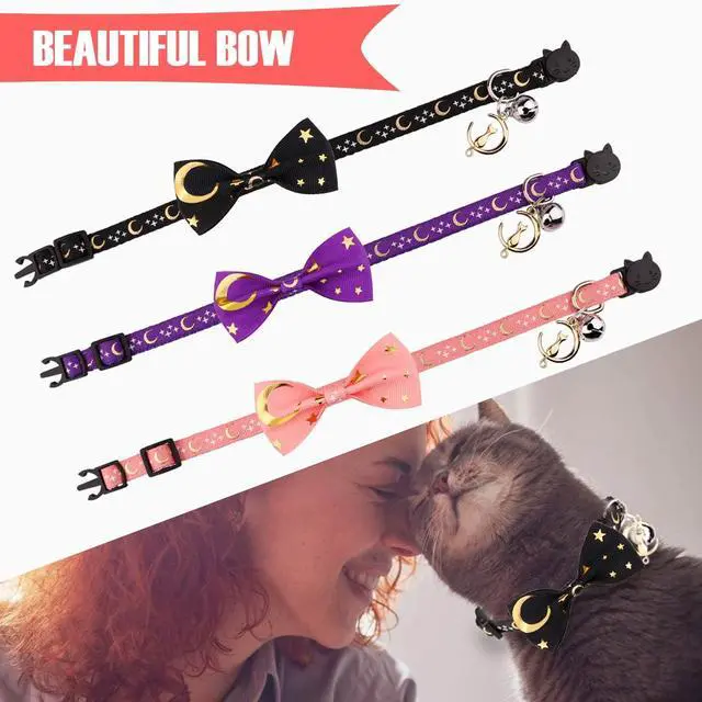 Alt view image 5 of 7 - 2 PCS Breakaway Cat Collar with Bow Tie and Bell Golden Moon Glowing Star in The Dark for Kitten(Black&Purple)