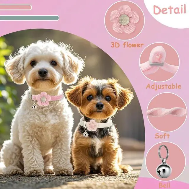 Alt view image 2 of 7 - Small Dog Collar with Flower, Puppy Collars XS Dog Collars for Small Dogs with Bell for Girl Boy Little Dog (Pink + White)