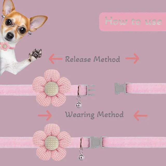 Alt view image 3 of 7 - Small Dog Collar with Flower, Puppy Collars XS Dog Collars for Small Dogs with Bell for Girl Boy Little Dog (Pink + White)