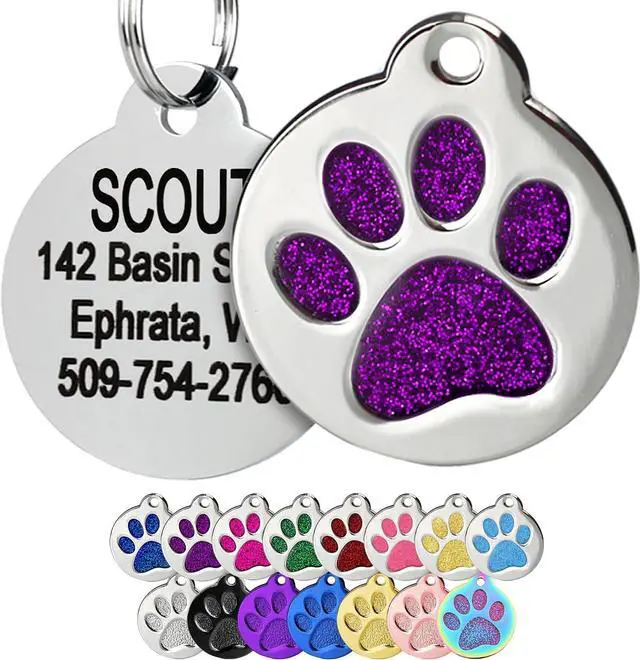Main image of Paw Print Round Stainless Steel Pet Tag for Dog or Cat, Personalized | with 4 Lines of Custom Engraved ID Name and Number, in Stainless Steel and 15 Colors Small and Large, Glitter Purple