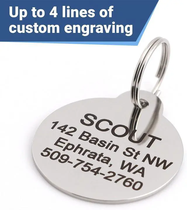 Alt view image 2 of 6 - Paw Print Round Stainless Steel Pet Tag for Dog or Cat, Personalized | with 4 Lines of Custom Engraved ID Name and Number, in Stainless Steel and 15 Colors Small and Large, Glitter Purple