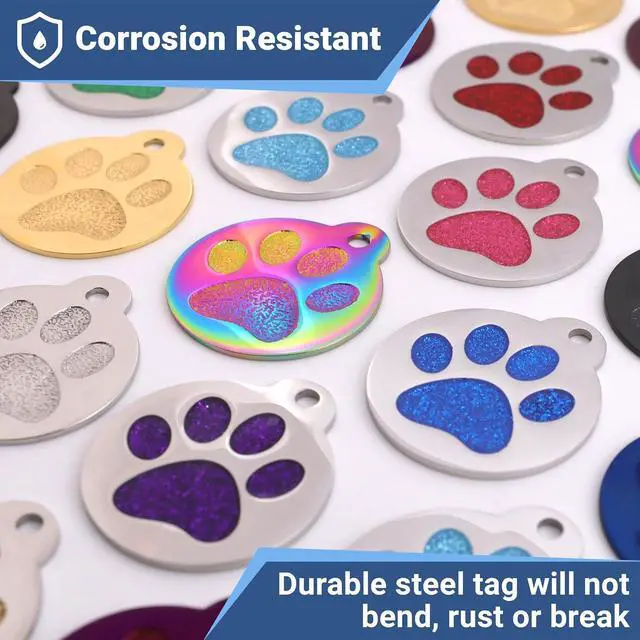Alt view image 3 of 6 - Paw Print Round Stainless Steel Pet Tag for Dog or Cat, Personalized | with 4 Lines of Custom Engraved ID Name and Number, in Stainless Steel and 15 Colors Small and Large, Glitter Purple